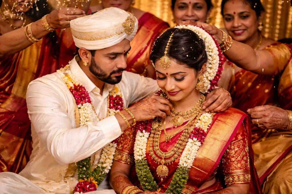 Chettiyar wedding guide: Groom tying the thaali around the bride’s neck in a traditional South Indian Chettiar wedding ritual, with family members blessing the couple.