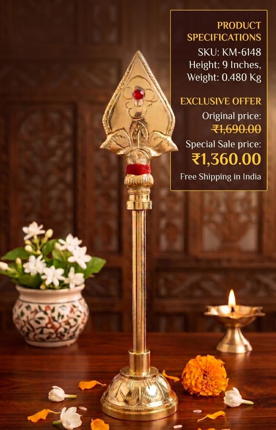 Brass Om Vel With Red Stone Round Base 9 Inch