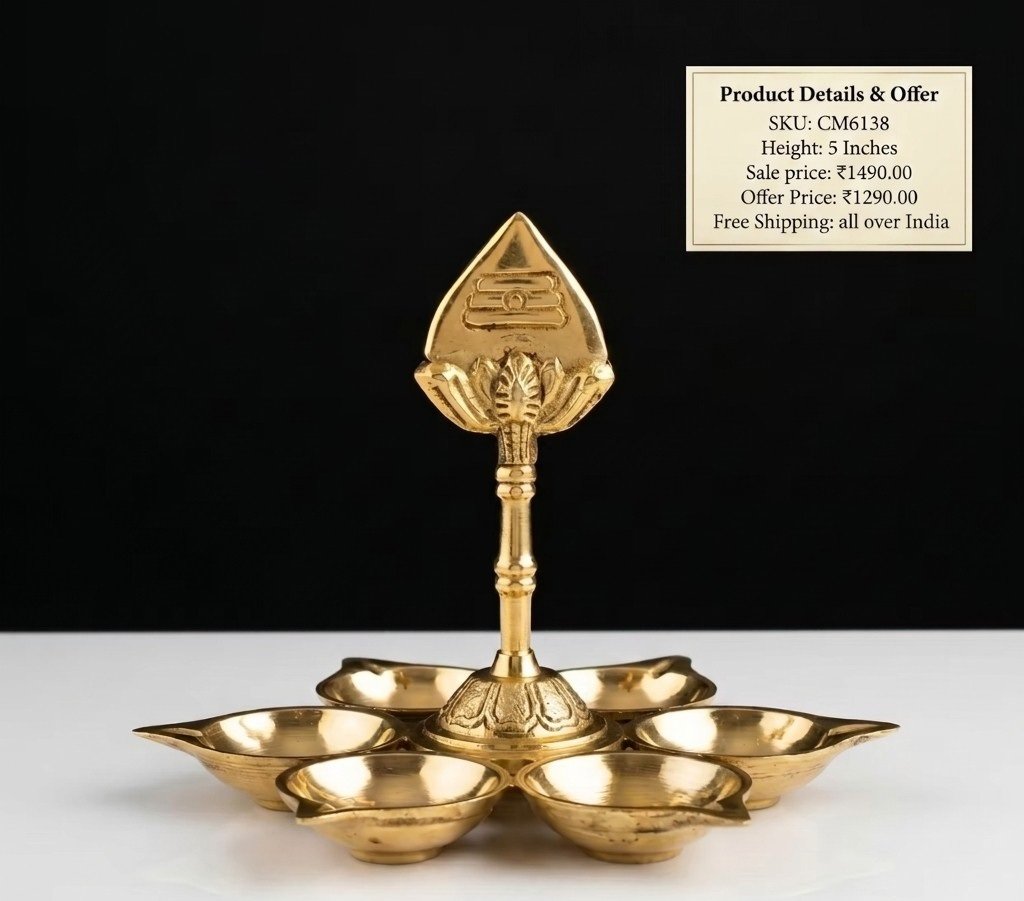 Brass Vel with Six Diyas 5 Inch – Traditional Brass Vel Deepam for Pooja Room, Spiritual Home Decor and Auspicious Return Gift