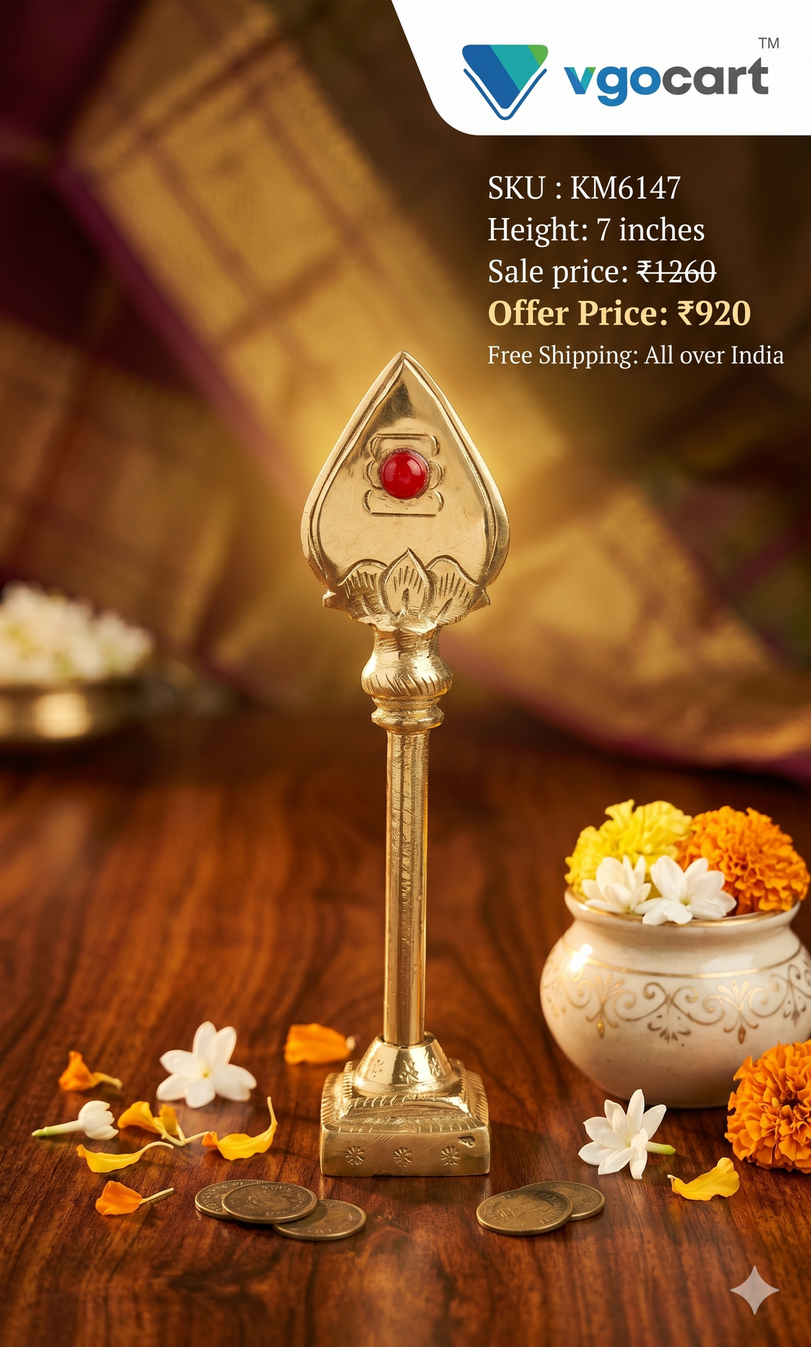 Brass Vel With Red Stone 7 Inch