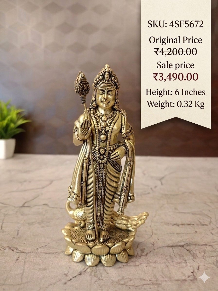 Brass Fine Art Murugan Idol on Lotus 6 Inch