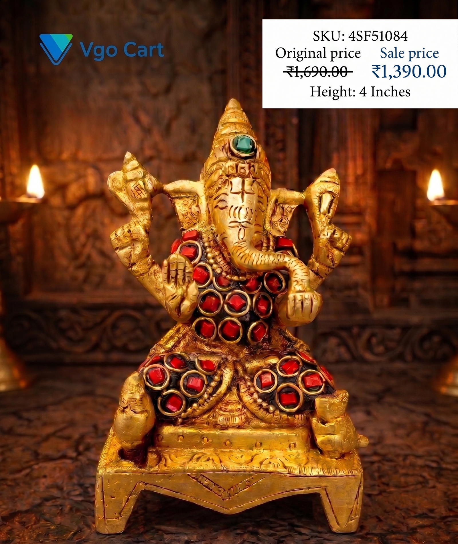 Antique Stone Finish Brass Ganesh Idol 4.5 Inch