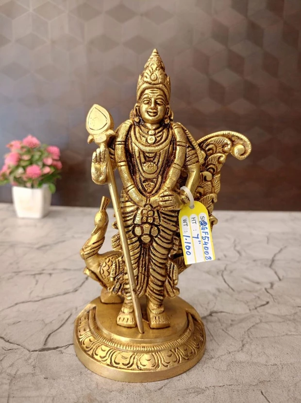 Brass Peacock Murugan Idol 7 Inch – Handmade Lord Murugan Statue with Peacock | Premium Brass Murugan Vigraham for Home, Pooja Room & Spiritual Décor - Image 5