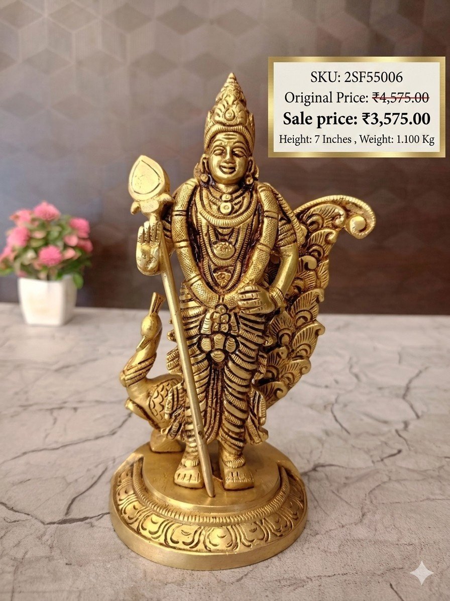 Brass Peacock Murugan Idol 7 Inch