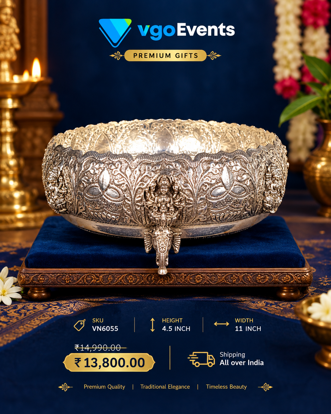 German Silver Ashta Lakshmi Elephant Stand Uruli with antique finish