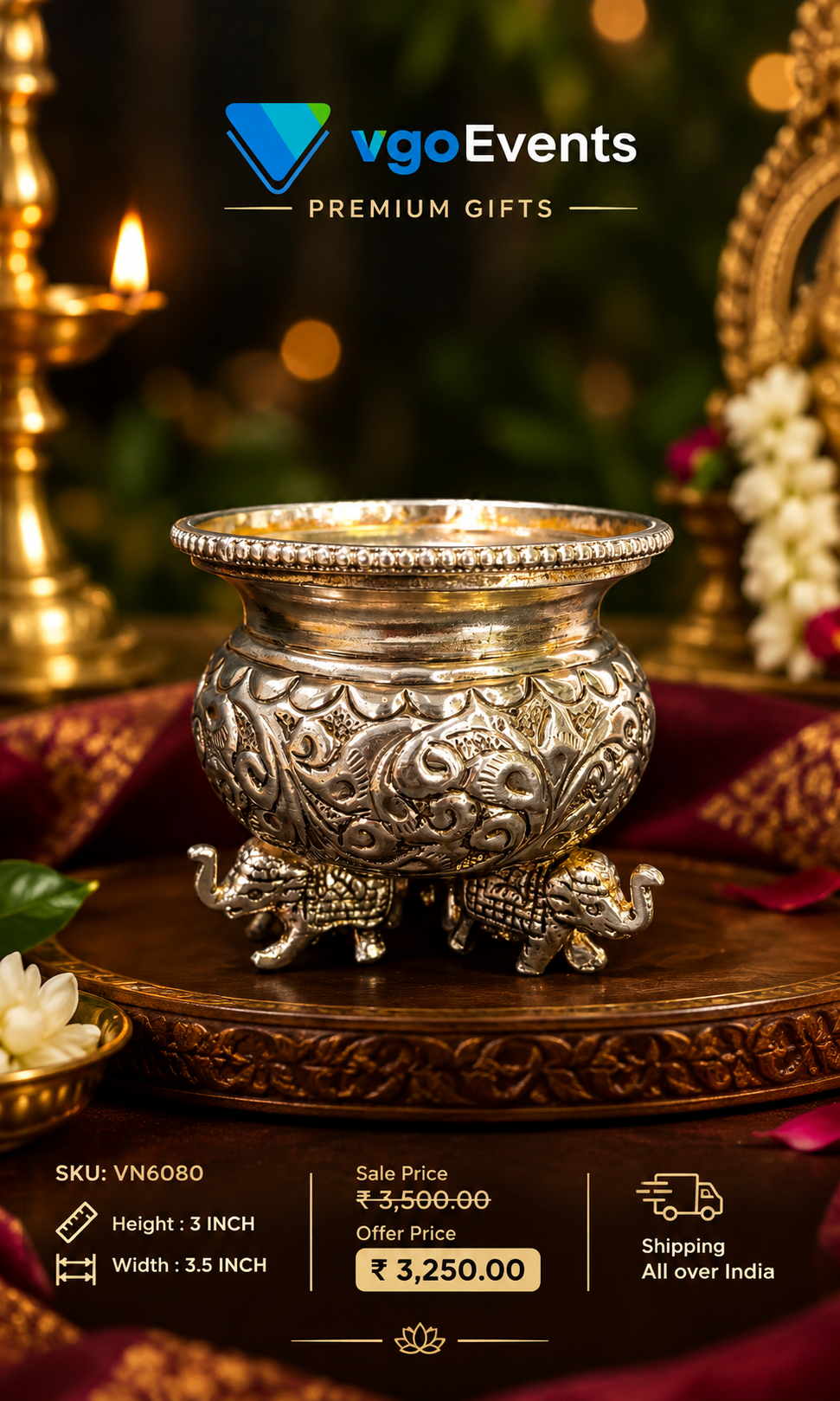 German Silver Elephant Stand Bowl for traditional pooja and home décor