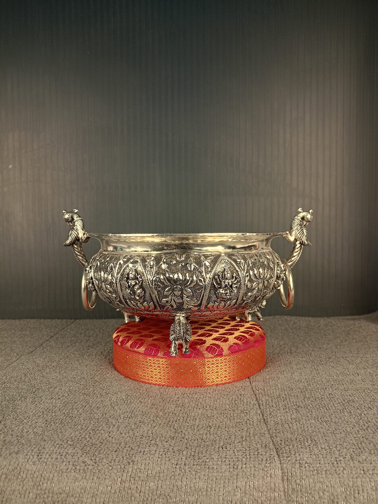 German Silver Elephant Stand Peacock Antique Uruli for traditional home décor