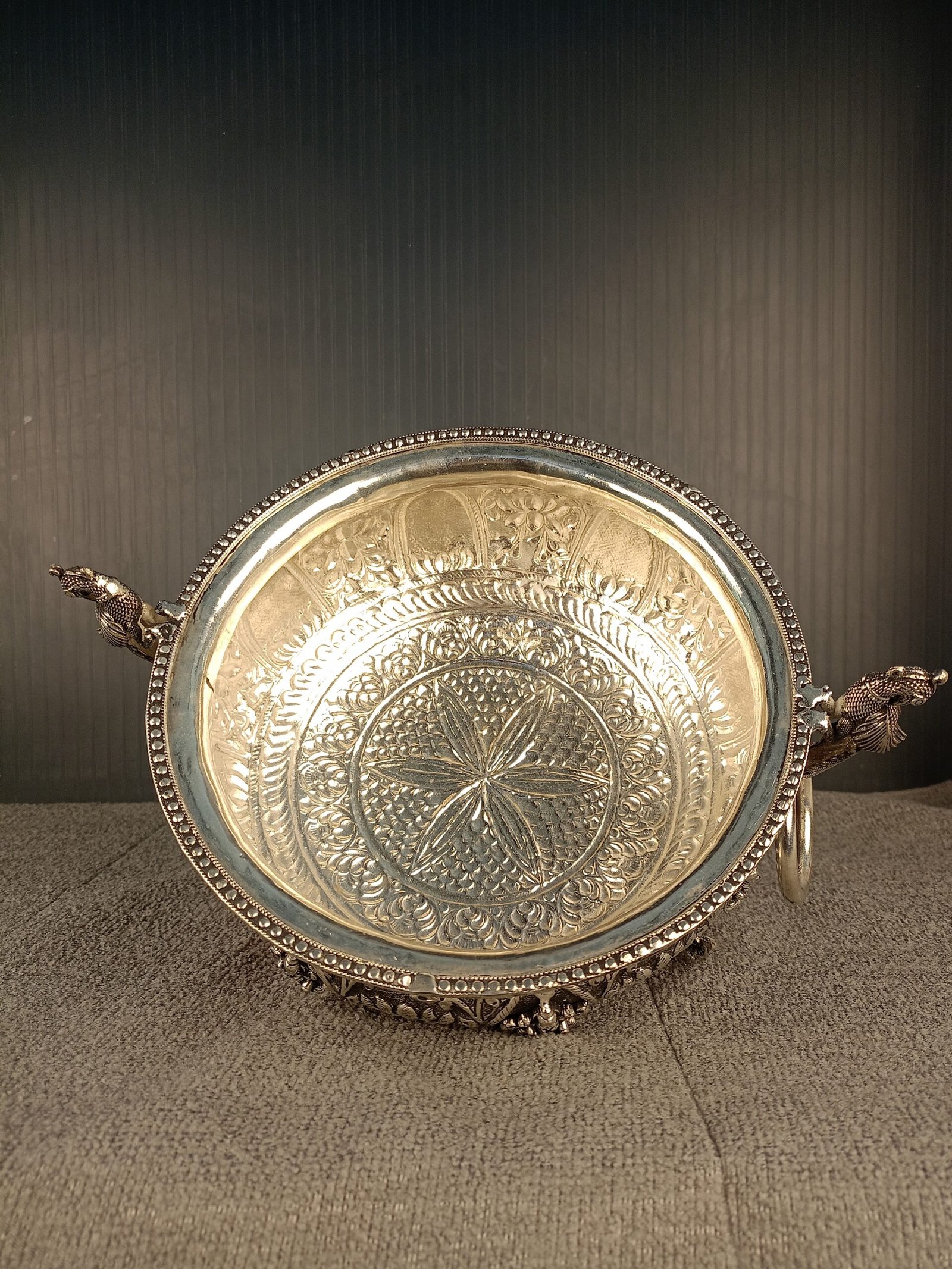 German Silver Elephant Stand Peacock Antique Uruli for traditional home décor