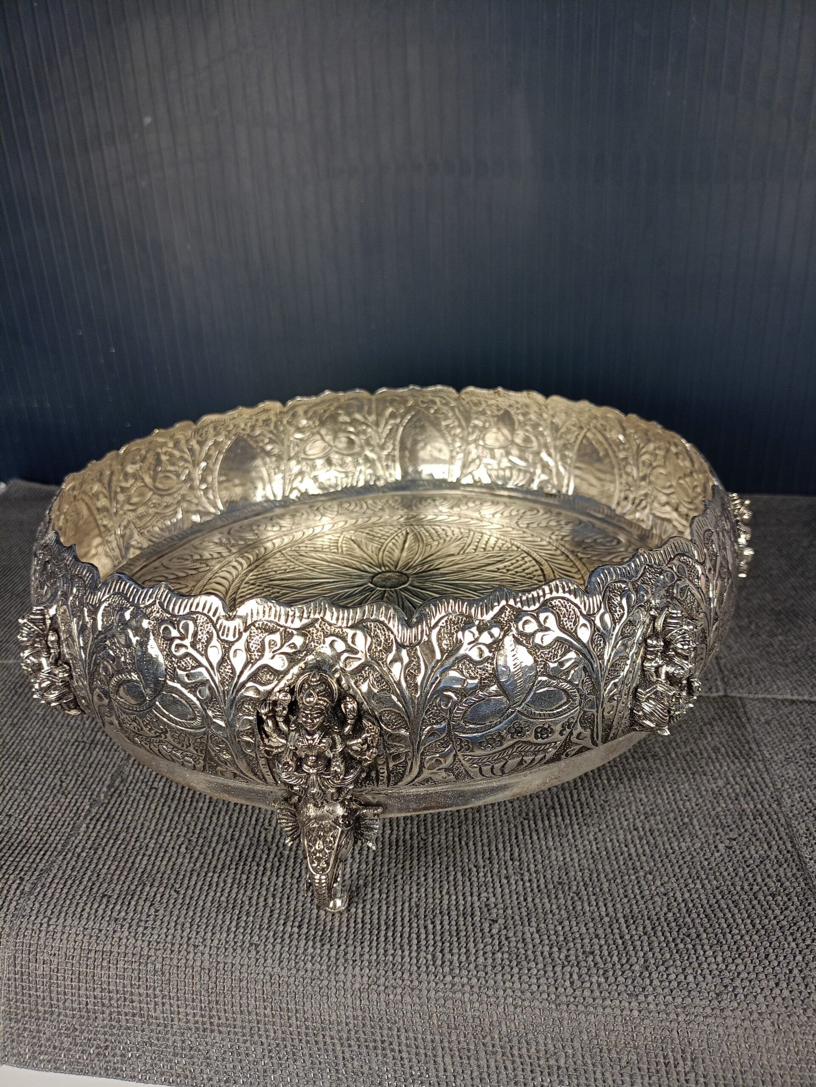 German Silver Ashta Lakshmi Elephant Stand Uruli with antique finish