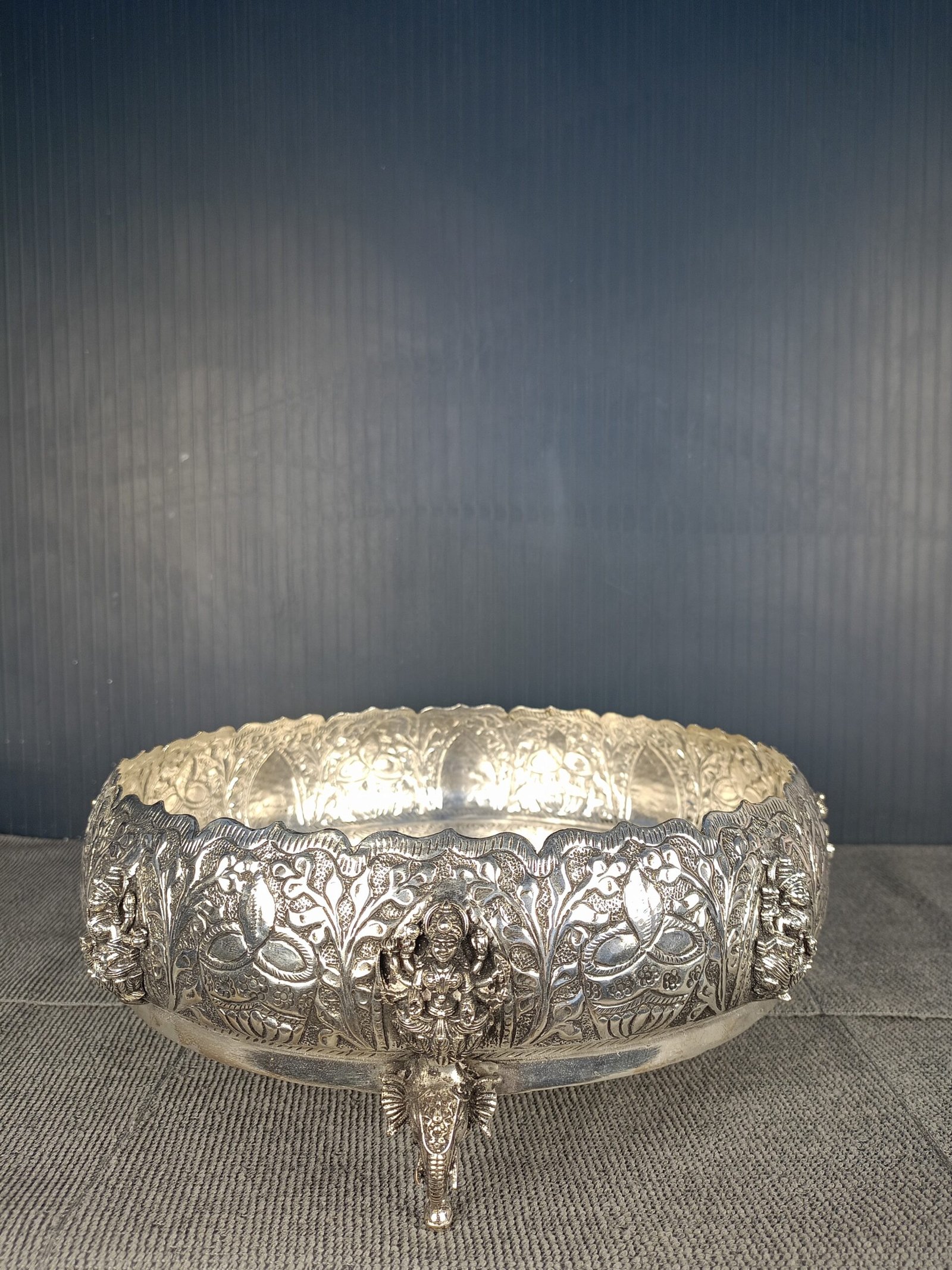 German Silver Ashta Lakshmi Elephant Stand Uruli with antique finish