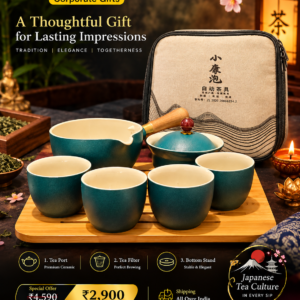 Teal Japanese tea set with matching tea pot, cups and travel case