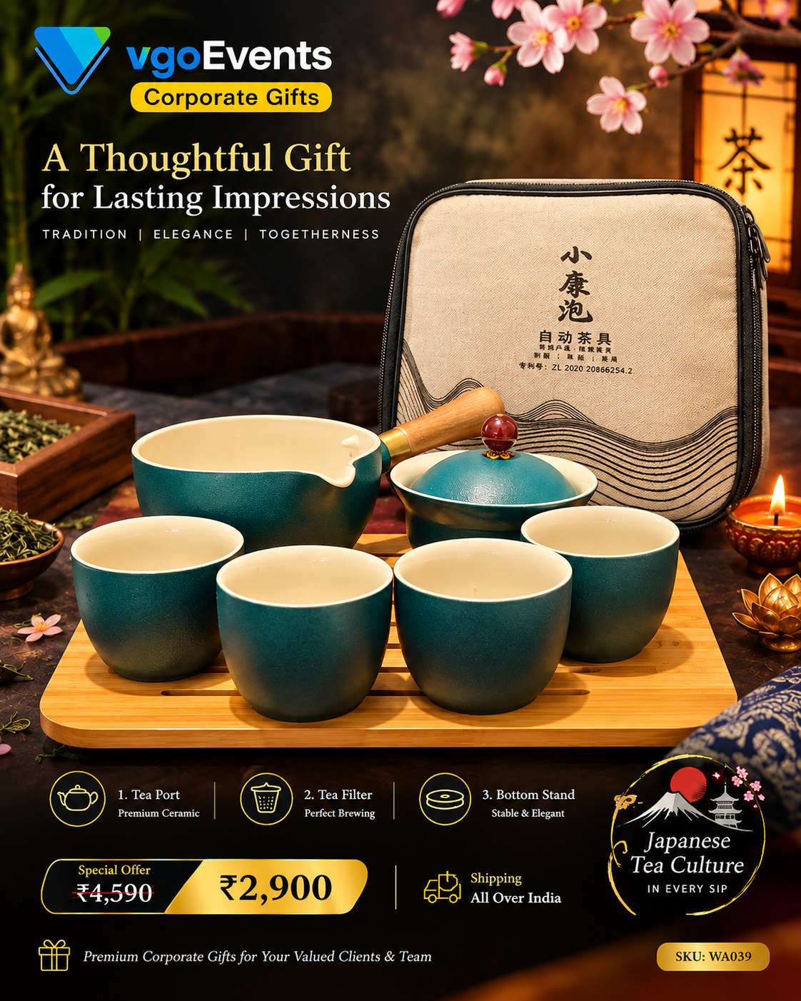 Teal Japanese tea set with matching tea pot, cups and travel case