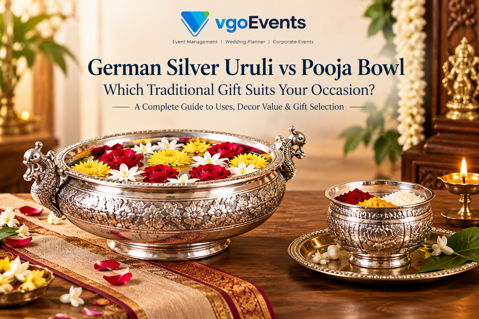 German silver uruli with flowers and German silver pooja bowl for traditional gifting